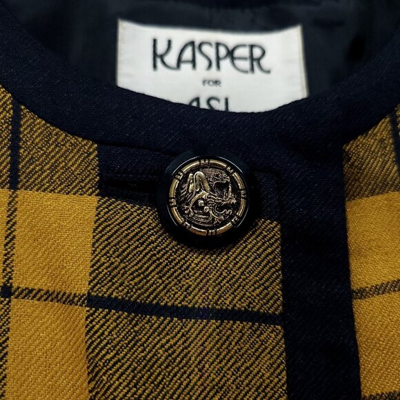 Kasper Vintage Blazer Size 10 Mustard Blue Plaid Dark Academia Jacket - Picture 10 of 11